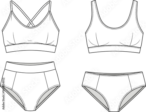 CAD flat sketch of women’s underwear set, sports bra and panty front and back view, fashion vector illustration