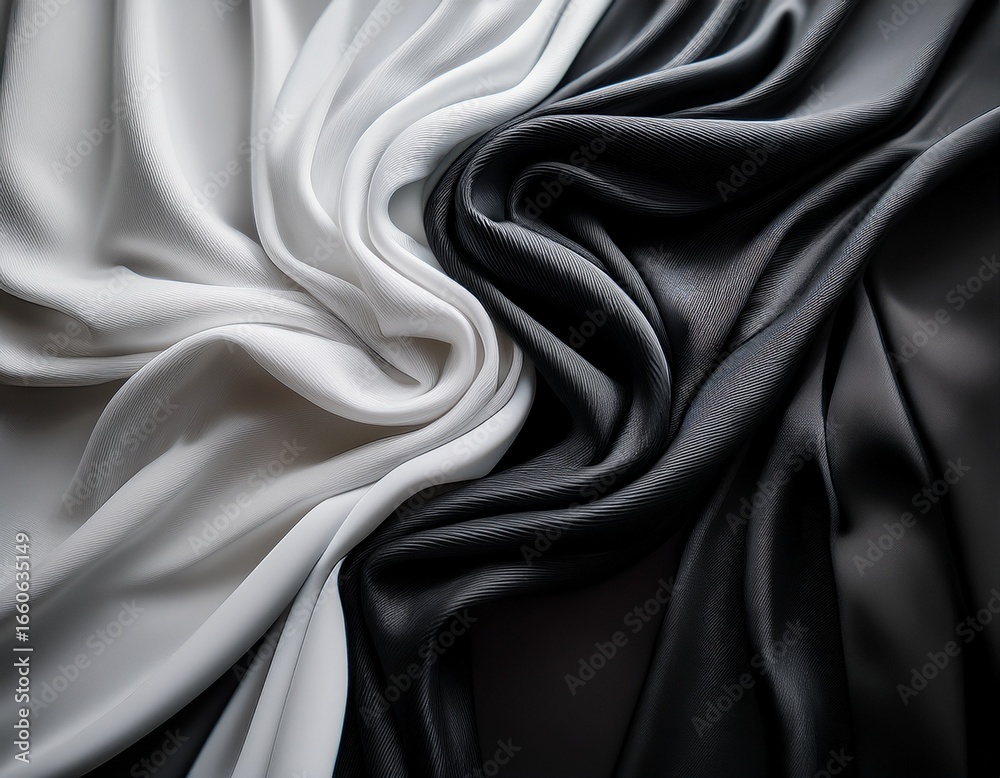 Fototapeta premium elegant interplay of black and white fabrics draping softly on a serene surface showcasing textures and luxurious materials in delicate harmony