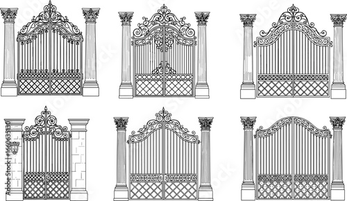 Classic wrought iron gates with decorative pillars, elegant vintage designs, detailed black line art vector, ornate entrance gates collection