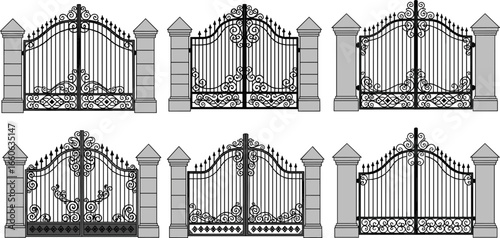 Classic wrought iron gates with stone pillars, elegant black vector illustrations of decorative vintage entrance gates for estates or gardens.