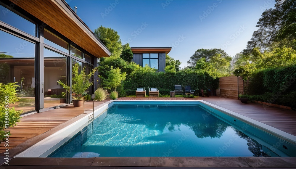 Obraz premium tranquil backyard oasis featuring a crystal clear rectangular swimming pool surrounded by lush greenery and a modern house
