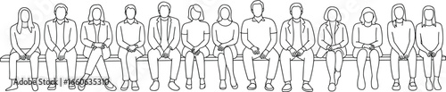 Continuous line drawing of diverse group of seated people on bench, minimal style vector for teamwork, community, and inclusivity concepts