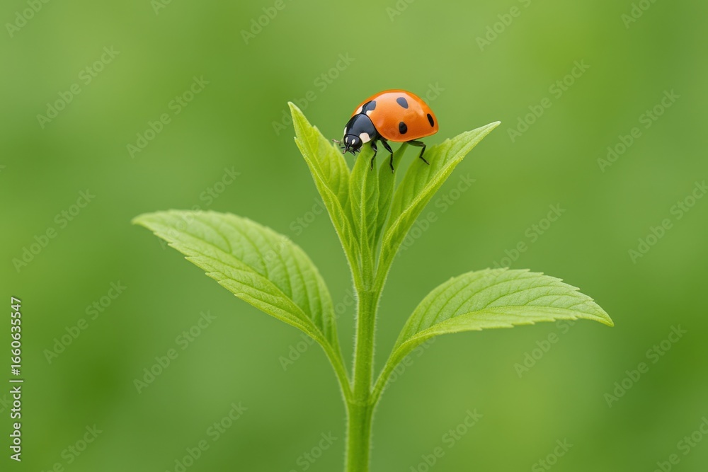 Fototapeta premium Ladybug Resting on Fresh Green Leaf Tip Against a Soft Green Bokeh Background