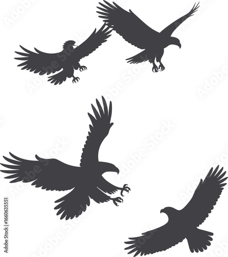Eagle silhouettes flying, bird of prey vector, soaring raptors, hunting eagle pose, majestic birds, black hawk illustration, falcon flight art