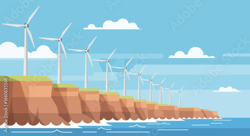 Coastal Wind Turbines Generating Clean Energy On Cliffside