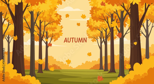 Colorful Autumnal Foliage Scene in Woodland Park Vector Graphic