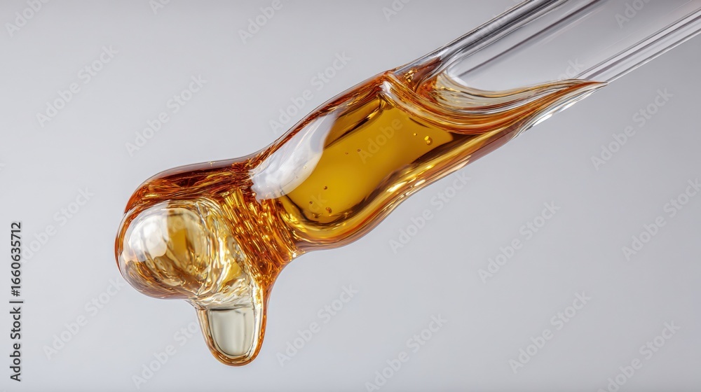 Fototapeta premium Close-up of a Golden Liquid Dripping from a Glass Pipette for Beauty, Science, or Medicine Applications