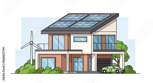 Eco Friendly House Illustration With Solar Panels And Electric Car
