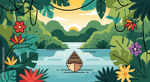 Exotic River Journey With Boat Among Tropical Vegetation