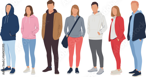 Faceless flat vector illustration of diverse young adults in casual clothing standing in a row, modern style character design