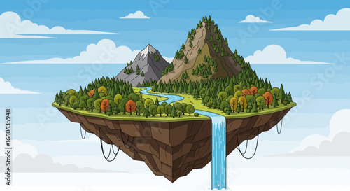 Fantasy Floating Island With Mountains And Waterfall Under Cloudy Sky