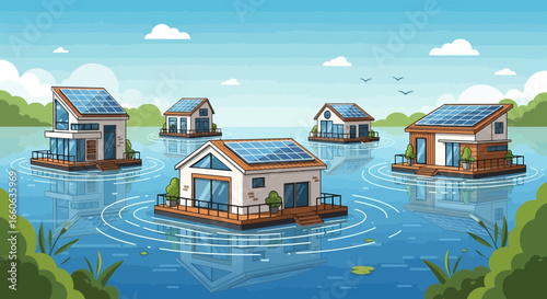 Floating Sustainable Homes With Solar Panels In Peaceful Lake Setting