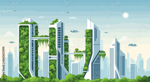 Futuristic Metropolis With Green Architecture And Flying Vehicles