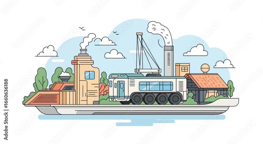 Naklejka premium Industrial Landscape With Retro Train And Factory Cartoon Style