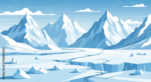 Icy Peaks And Cracking Glaciers In A Vector Landscape