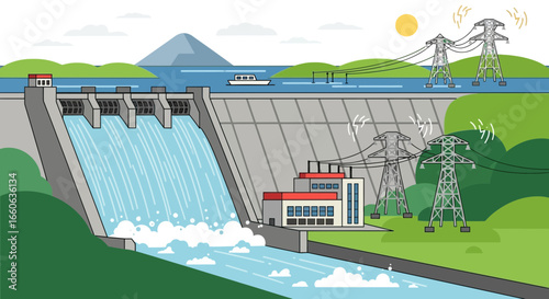 Hydroelectric Dam With Power Lines Generating Energy Through Water Stream