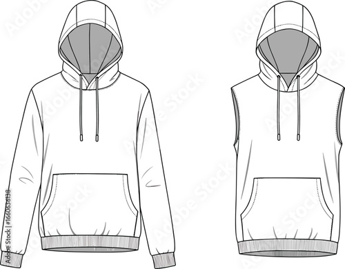 Flat vector CAD of unisex hooded sweatshirt and sleeveless hoodie with kangaroo pockets – front views
