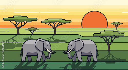 Illustrated Elephants Gazing At Each Other Amidst African Savannah Scene