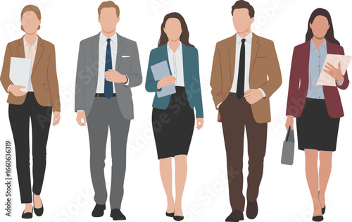 Flat vector illustration of faceless business professionals walking confidently in formal attire – corporate teamwork and leadership concept