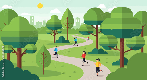 People Running Through Park For Exercise Flat Design Illustration