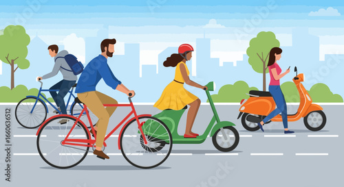 People Enjoying Biking and Scootering in the City