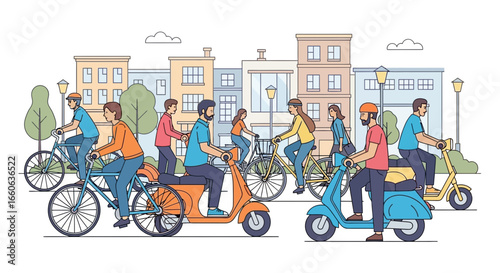 People Riding Bicycles And Scooters In The City Vector Illustration