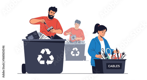 People Separate Obsolete Electronics Equipment for Recycling and Environmental Preservation