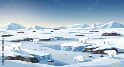 Polar Bears Roaming Snowy Arctic Landscape With Mountains In Winter