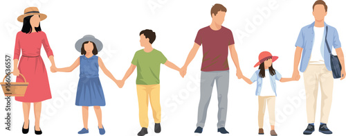 Happy multigenerational family enjoying outdoor time, diverse group holding hands, summer clothes, walking together, unity, bonding, leisure lifestyle scene