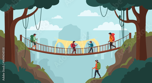 People Enjoying Trekking Adventure on Suspension Bridge Through Tropical Forest