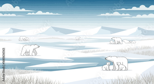 Polar Bear Family Wandering The Arctic Landscape Illustration