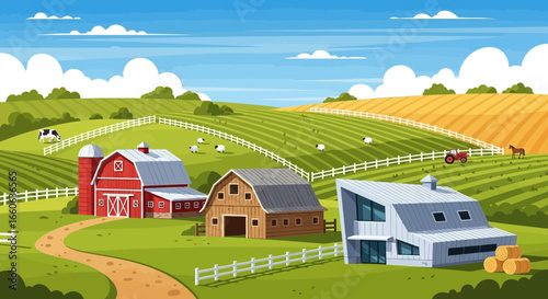 Picturesque Farm Landscape with Diverse Architecture and Livestock Scenery