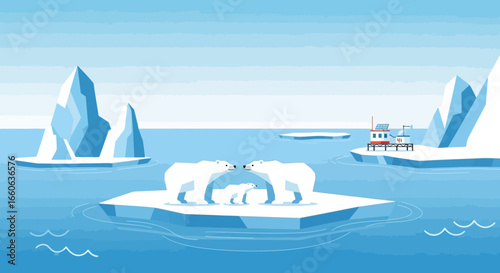 Polar Bear Family On Iceberg With Research Station Backdrop
