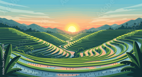 Scenic Rice Terraces At Sunrise In A Serene Landscape