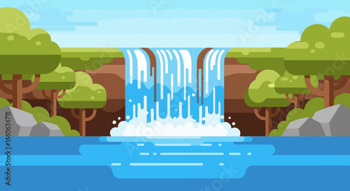 Scenic Waterfall Landscape With Lush Greenery And Tranquil River