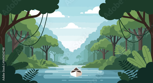 Serene River Journey Through The Amazon Forest With Canoe