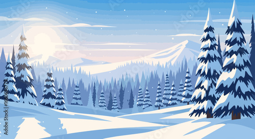 Serene Winter Landscape With Pine Trees And Snow Covered Mountains