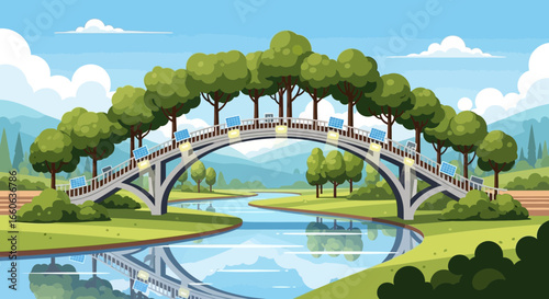 Solar Bridge Technology Over The River With Green Landscape Vector