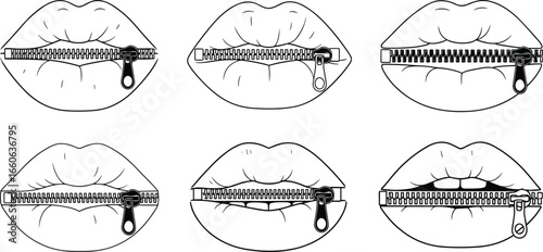 Lips with zipper concept illustration, silence symbol, censorship metaphor, speak no evil, creative vector art, shut mouth design.