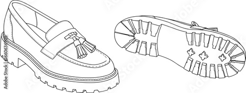 Loafer tassel shoes CAD drawing, flat vector illustration, rugged sole, stylish footwear sketch, side and bottom view, fashion design art