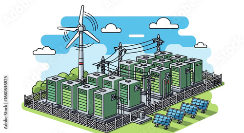 Sustainable Energy System With Wind Turbine Solar Panels And Battery Storage