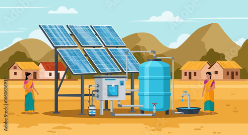 Sustainable Future Solar Panels Providing Clean Water in Rural Village