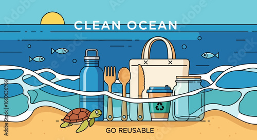 Sustainable Lifestyle On Beach Scene With Reusable Elements