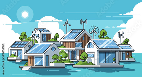 Sustainable Living Community With Solar Panels And Wind Turbines