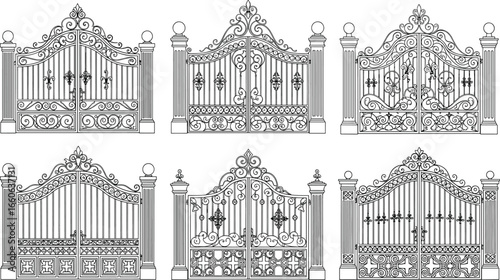 Ornate wrought iron gates with fleur-de-lis design, vintage luxury entrance gate illustrations, elegant architectural black line vector set