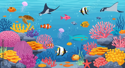 Vibrant Undersea World Featuring Cartoon Fish And Colorful Coral Reefs