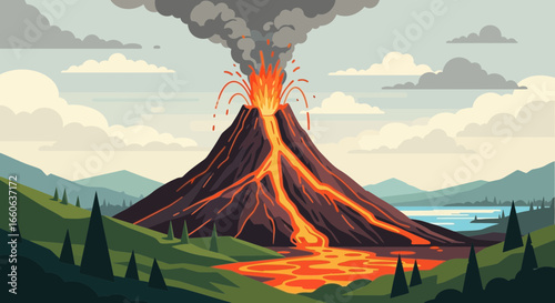Volcanic Eruption Landscape With Molten Lava Flow And Smoky Plume