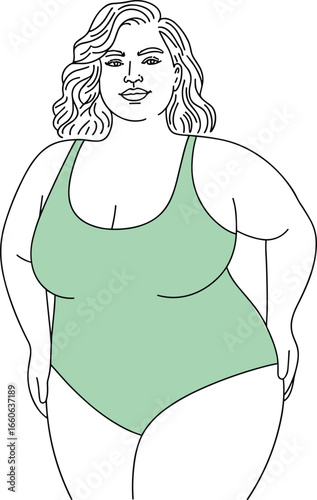 Plus-size confident woman in swimsuit illustration, body positive curvy female character standing proud, empowering diverse body image