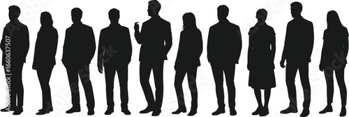 Standing people silhouettes, black silhouette figures, business people, standing pose illustration, male female figures, vector human outline