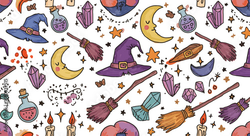 An enchanting hand-drawn seamless pattern featuring whimsical Halloween and witchy elements like pointy hats, potion bottles, moons, brooms, and magical crystals on a muted vintage background.